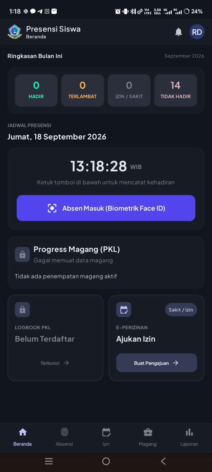 Layar beranda siswa Absenta