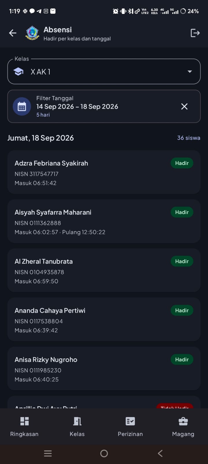 Layar absensi harian Absenta